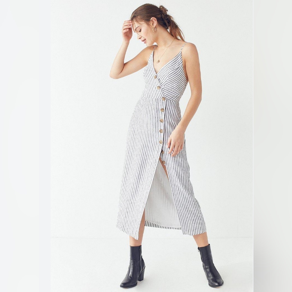 Urban Outfitters Amber Striped Linen Button-Through Midi Dress Euc Size S.